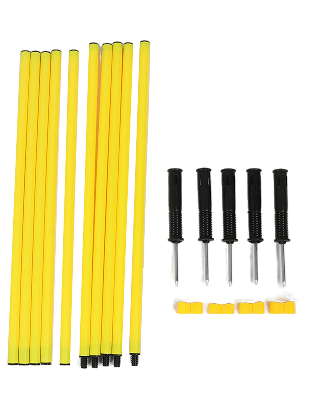Adjustable soccer agility poles set with carry bag, featuring yellow poles, base spikes, and clips for secure setup on various surfaces.